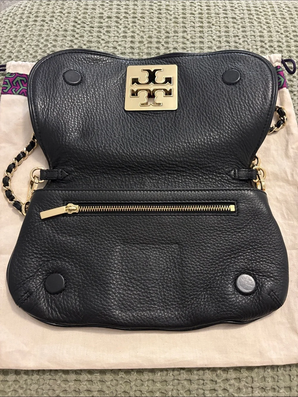 Tory Burch Black Pebbled Leather Shoulder Bag with Gold Logo